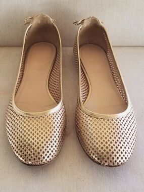 J. Crew Quorra Gold Perforated Ballet Flats with Heel Bow size 8.5 made in Italy